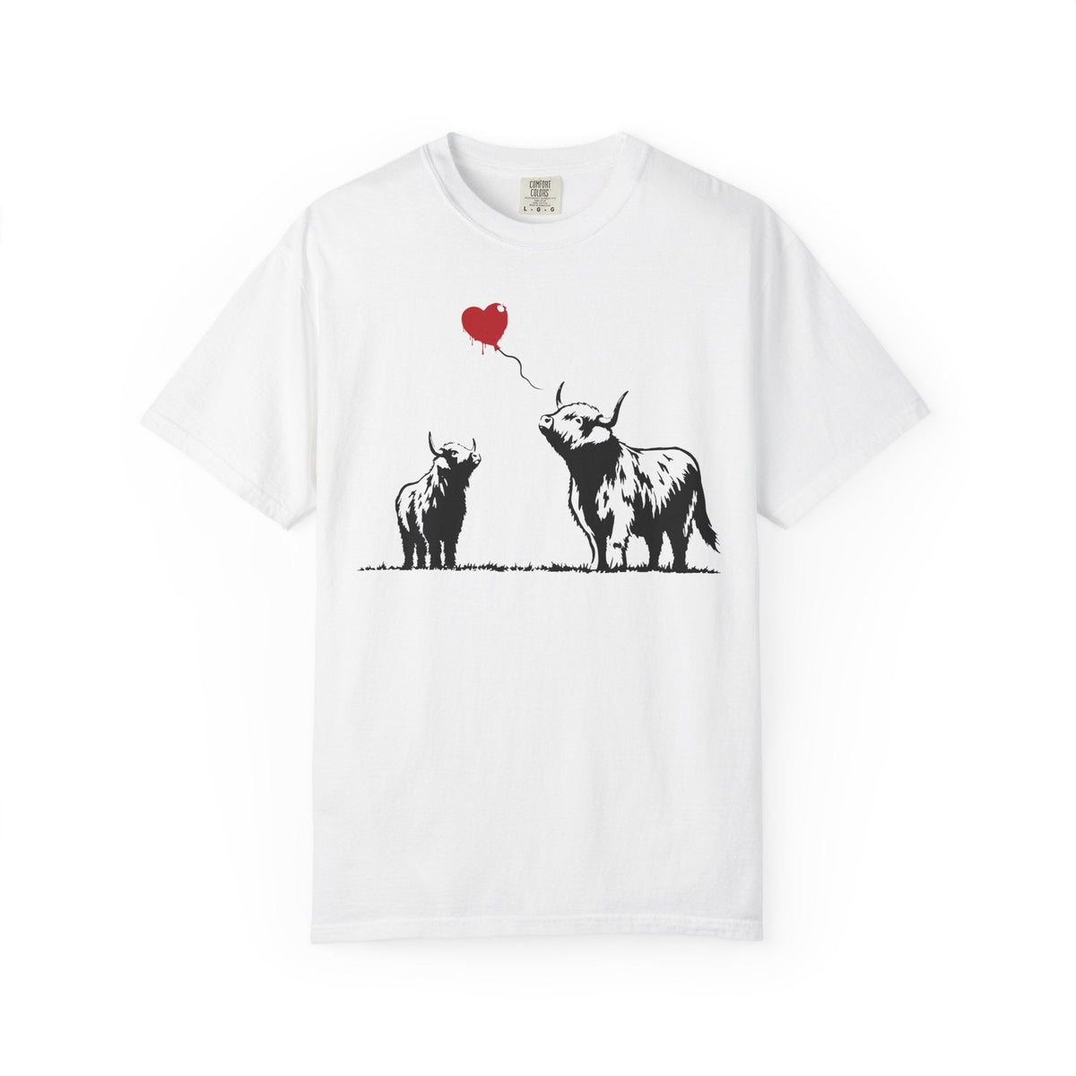 Graffiti Highland cow Comfort Colors t-shirt featuring two stencil-style Highland cattle and a red heart balloon