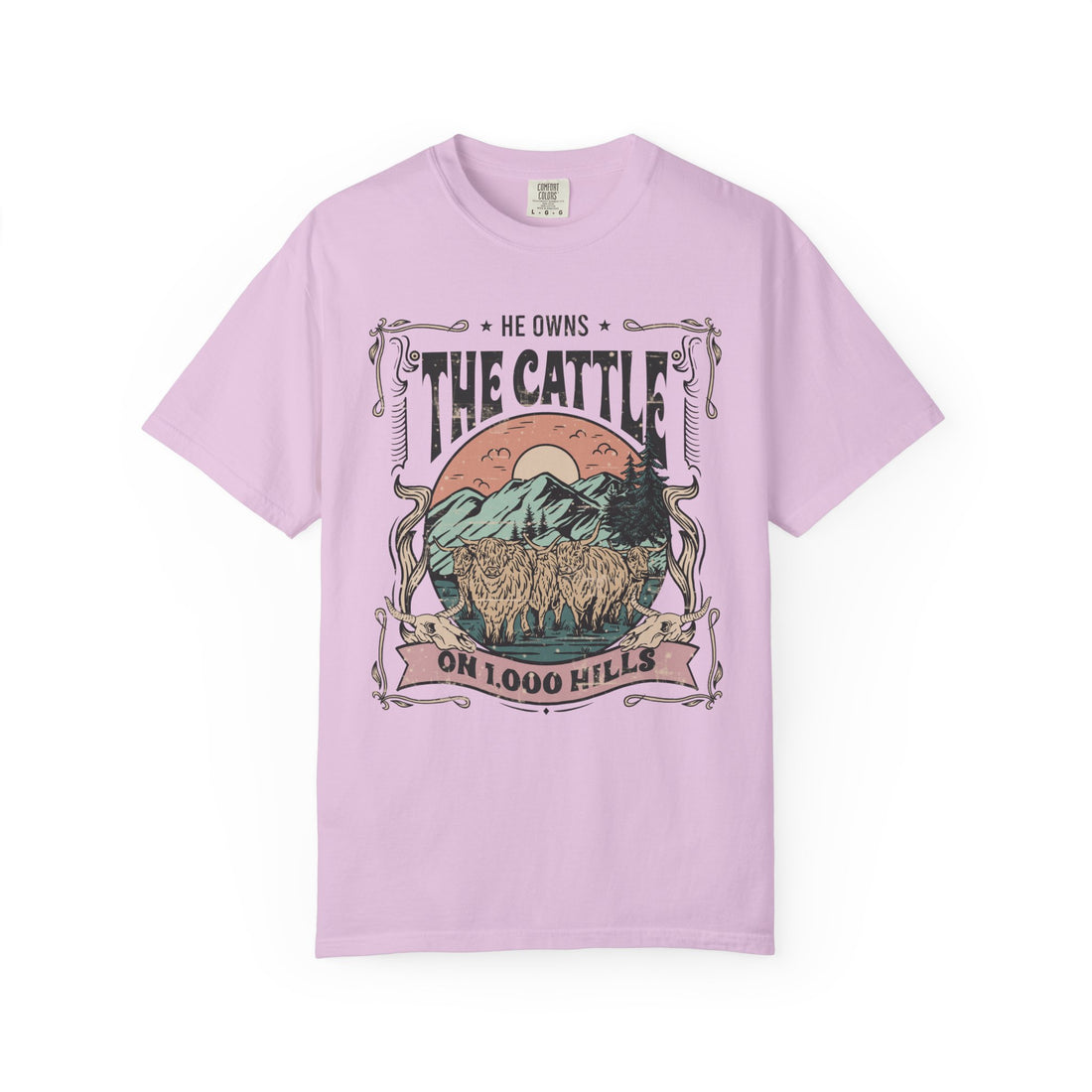 He Owns the Cattle on 1,000 Hills | Christian Highland Cow Comfort Colors T-Shirt