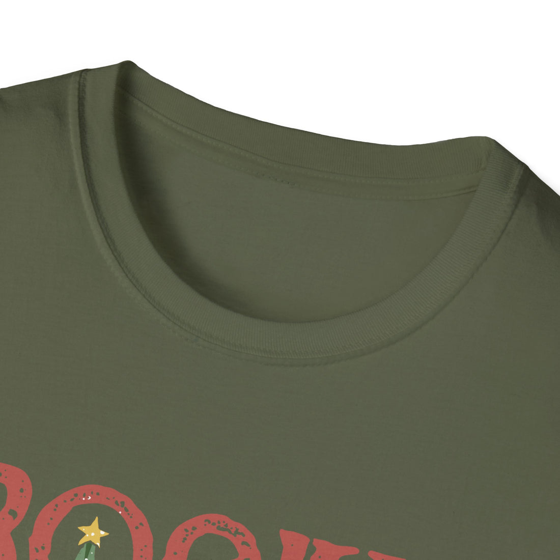 Cowboy riding a bucking bull next to a decorated Christmas tree with vintage red Rockin' Around the Christmas Tree lettering, color option