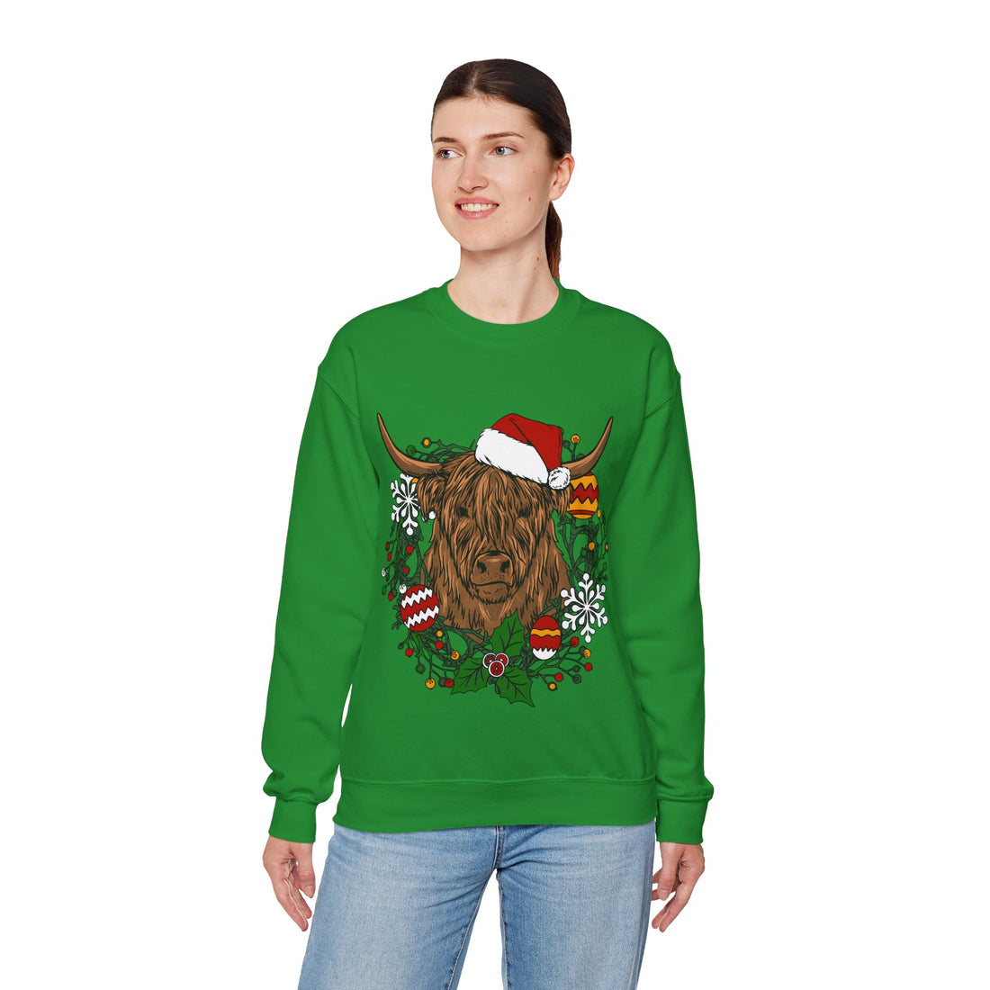 Shaggy Highland cow wearing a Santa hat framed by a holly and ornament Christmas wreath, color option