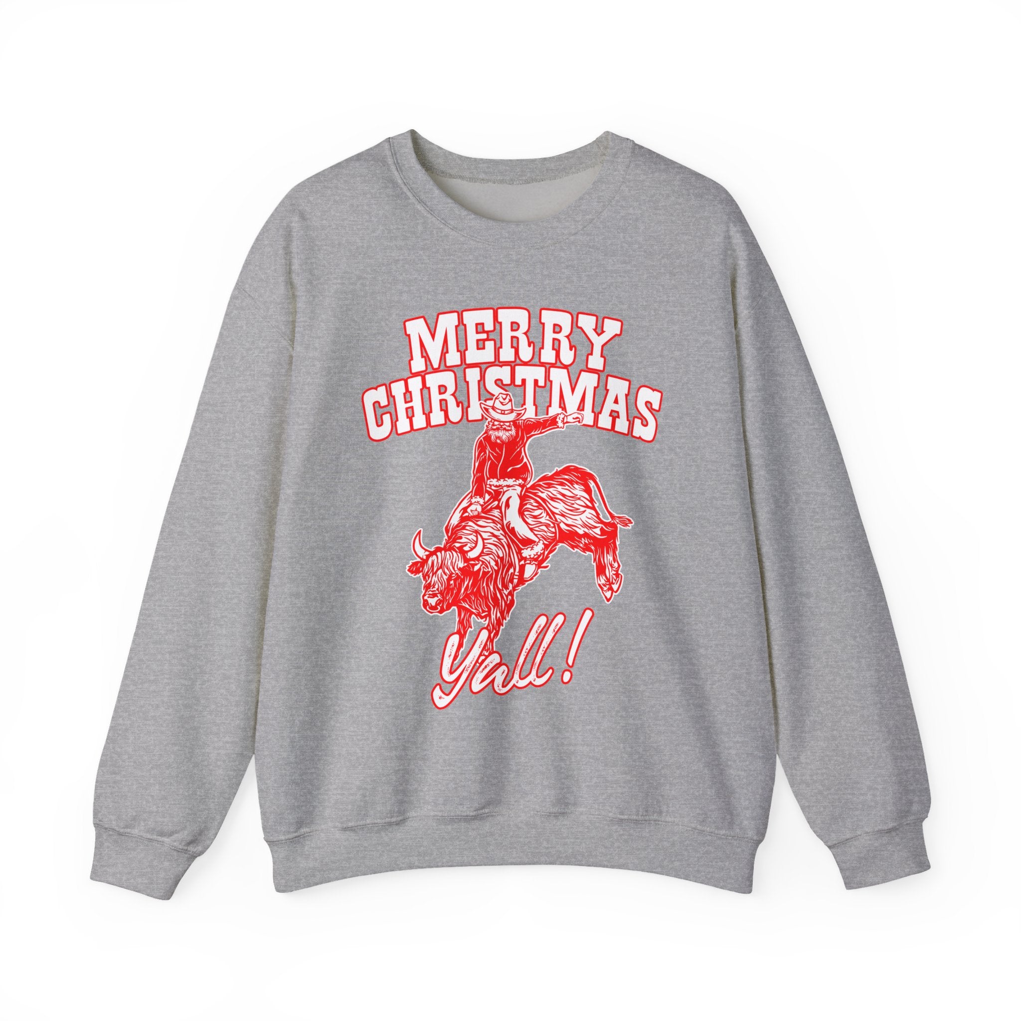 Red vintage-style art of Santa riding a bucking bull with Merry Christmas Y'all! lettering, alternate view