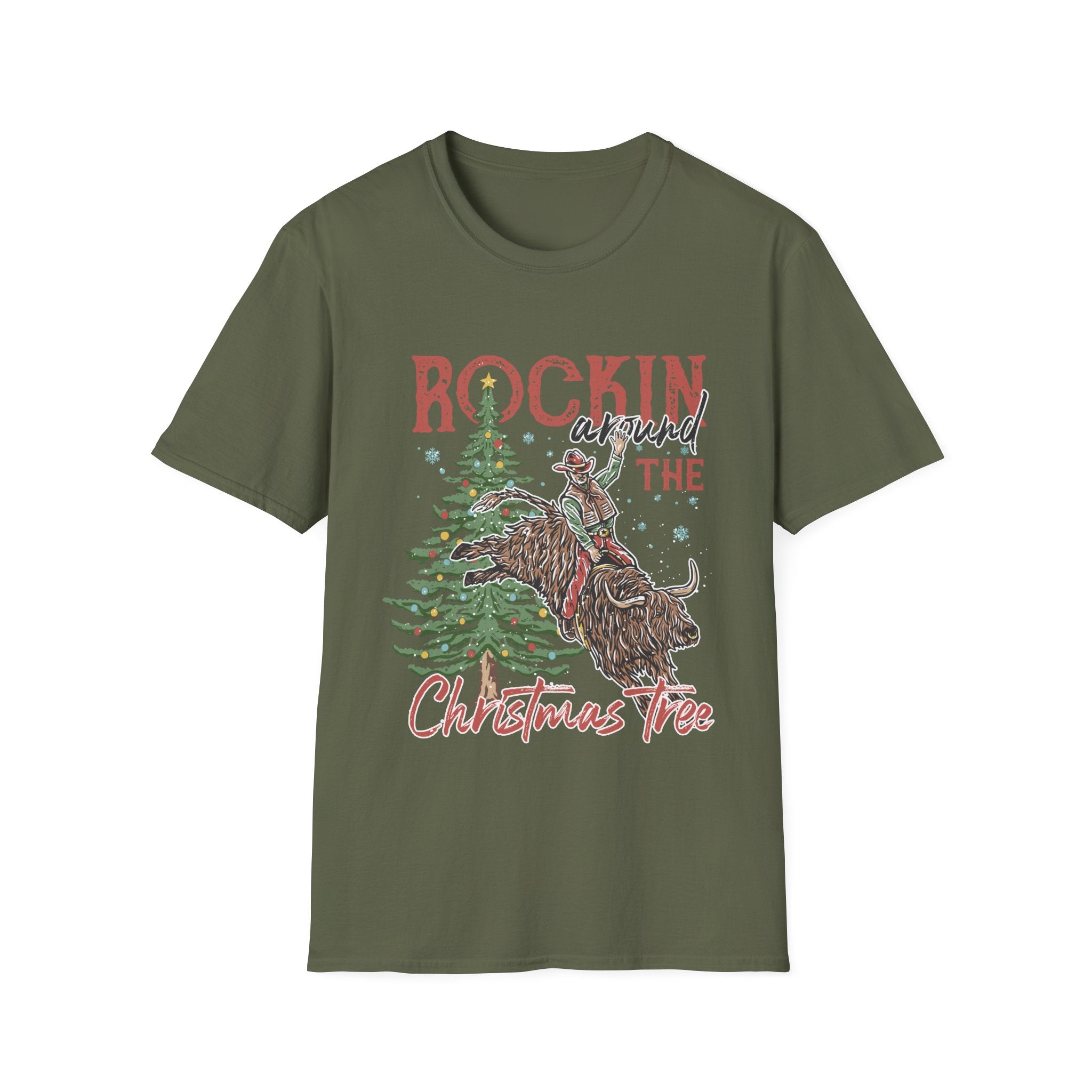 Cowboy riding a bucking bull next to a decorated Christmas tree with vintage red Rockin' Around the Christmas Tree lettering, color option