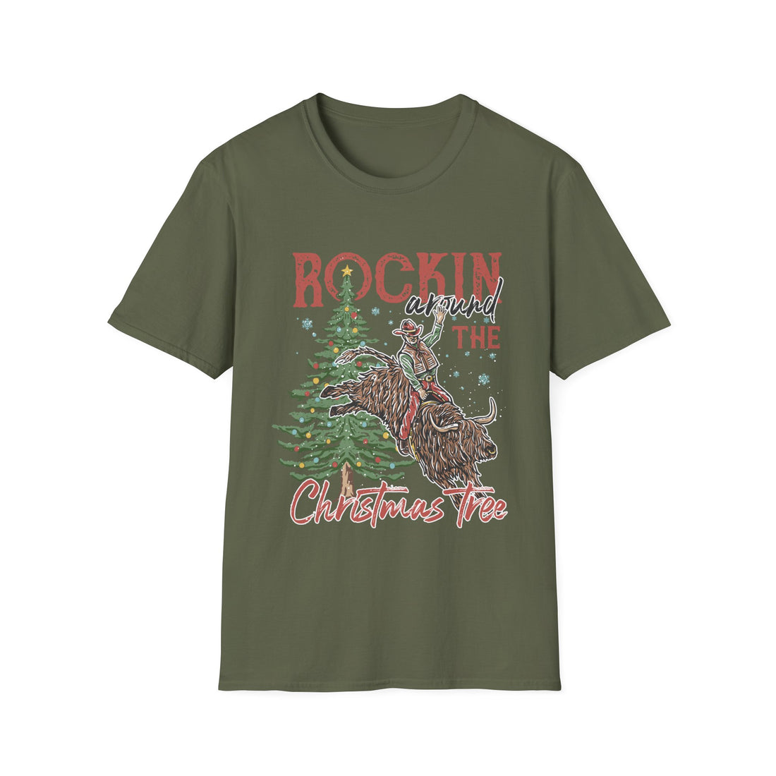 Cowboy riding a bucking bull next to a decorated Christmas tree with vintage red Rockin' Around the Christmas Tree lettering, color option