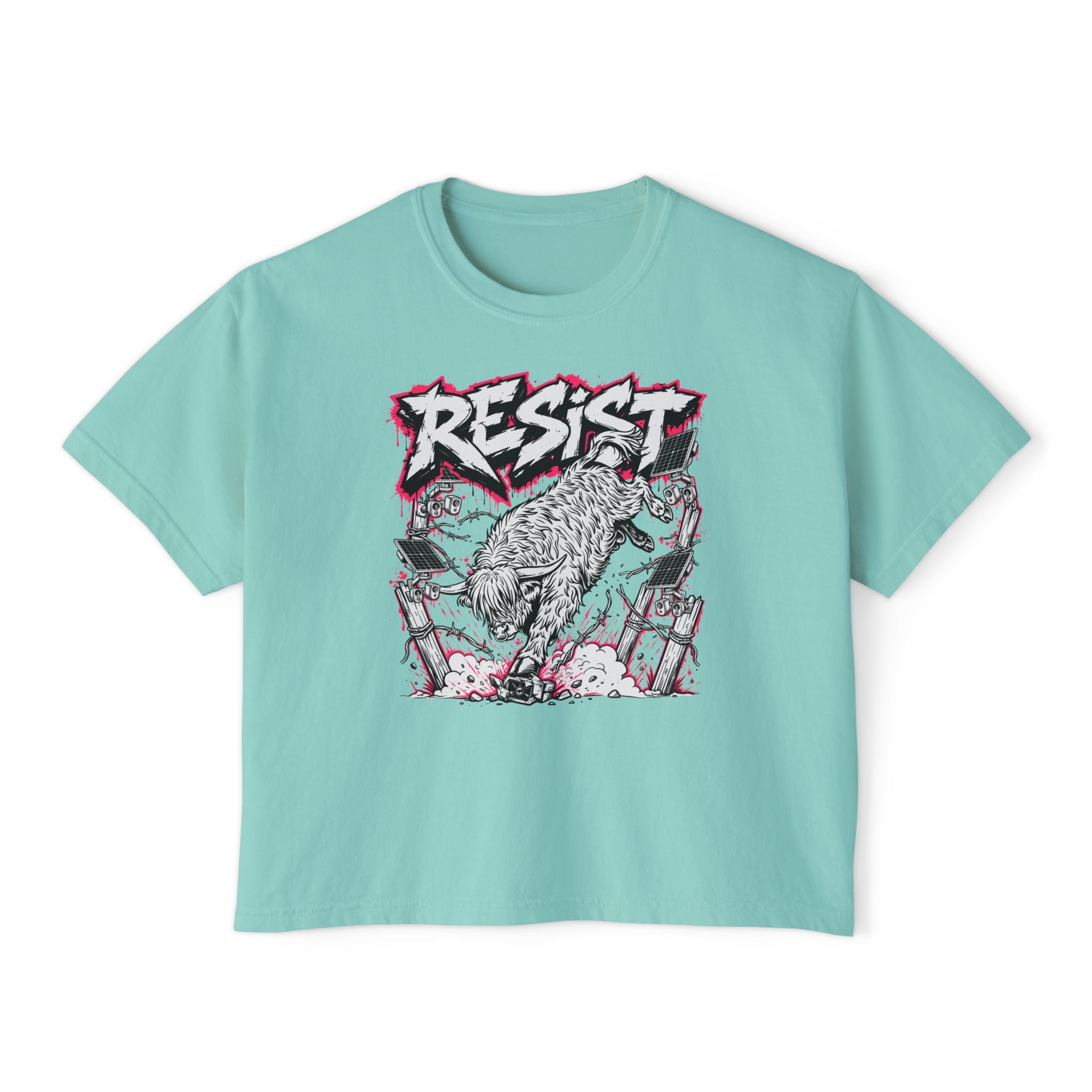 Resist the Surveillance State | Punk Highland Cow Women’s Boxy Western Highland Cow T-Shirt