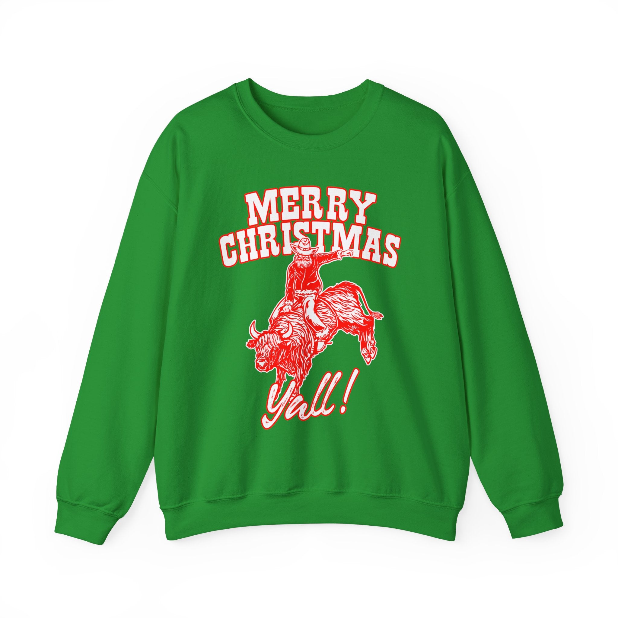 Red vintage-style art of Santa riding a bucking bull with Merry Christmas Y'all! lettering, color option