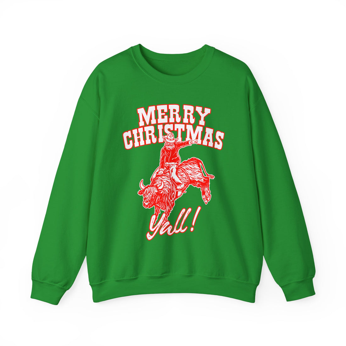 Red vintage-style art of Santa riding a bucking bull with Merry Christmas Y'all! lettering, color option