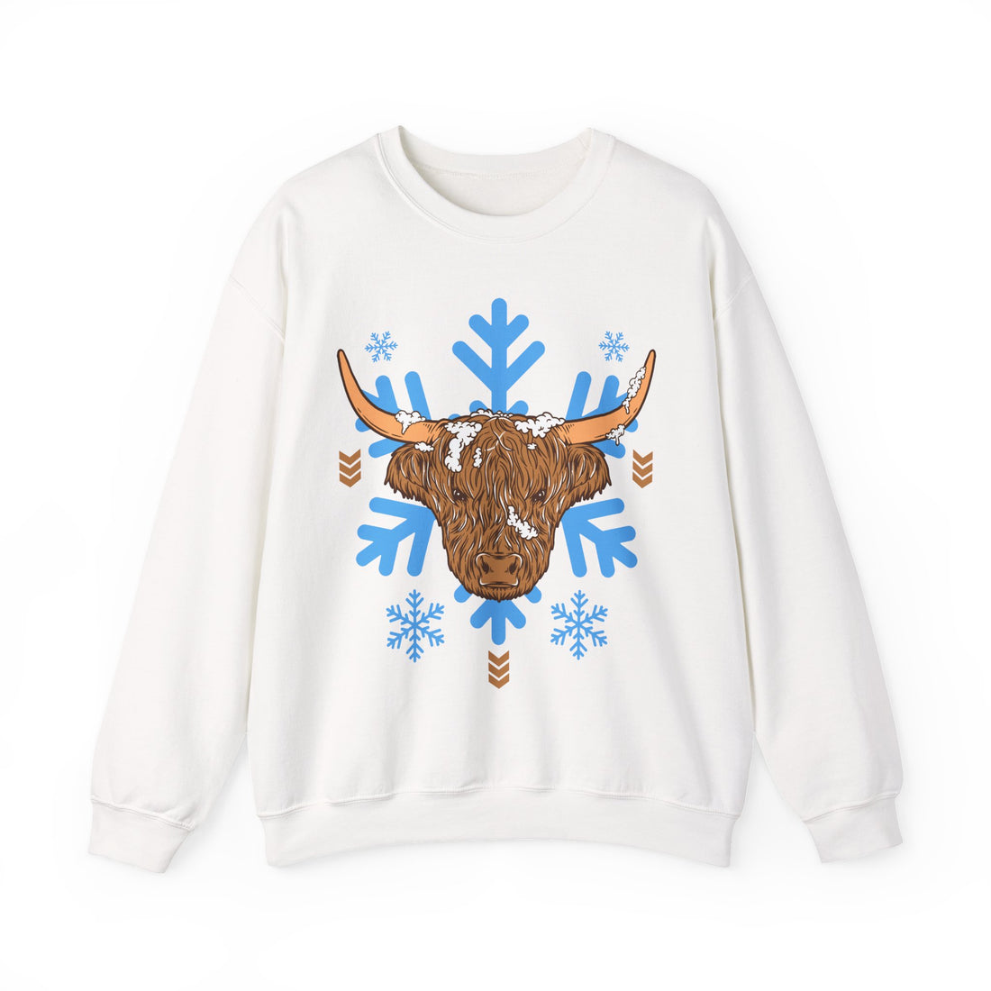 Shaggy brown Highland cow head centered over large light-blue snowflakes