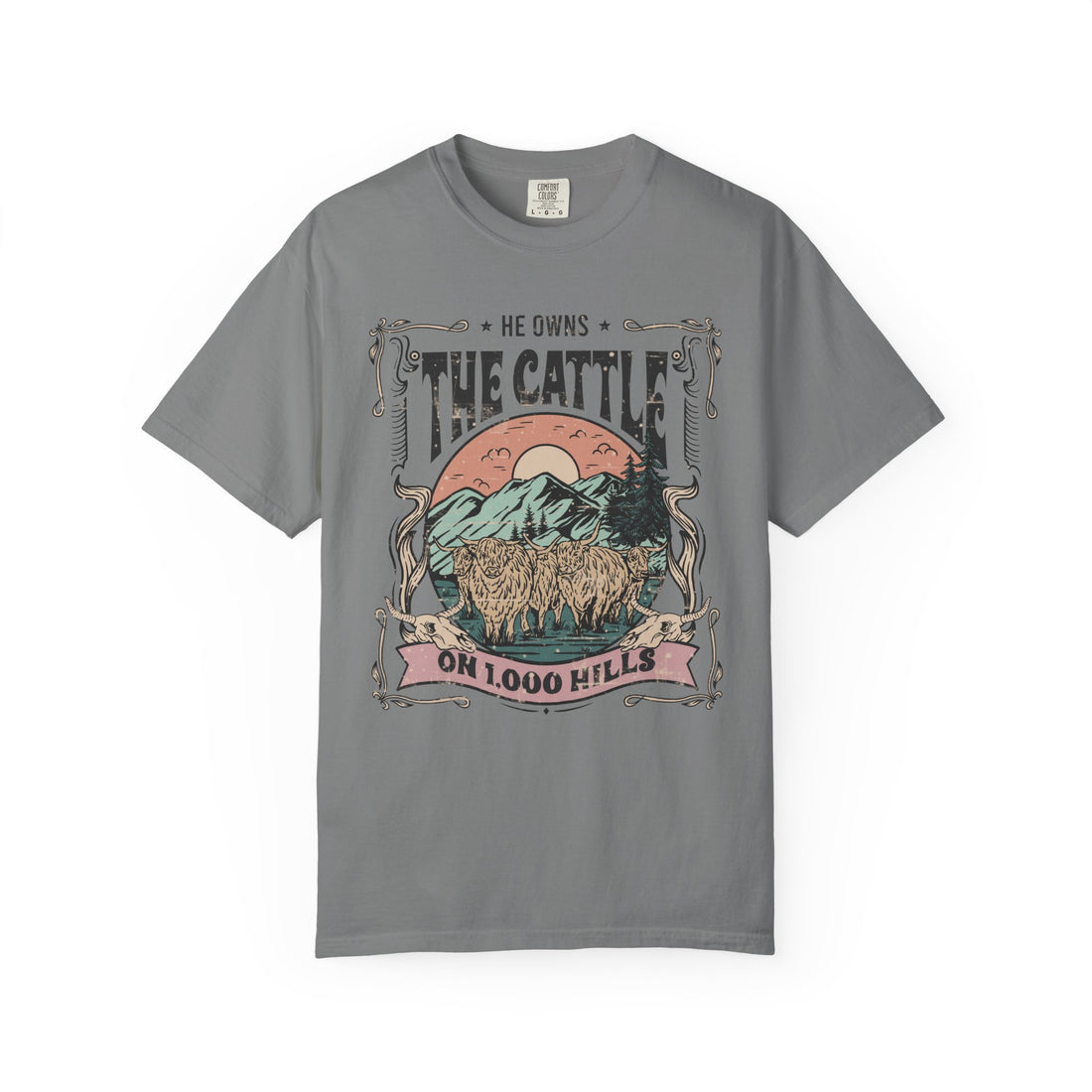 He Owns the Cattle on 1,000 Hills | Christian Highland Cow Comfort Colors T-Shirt