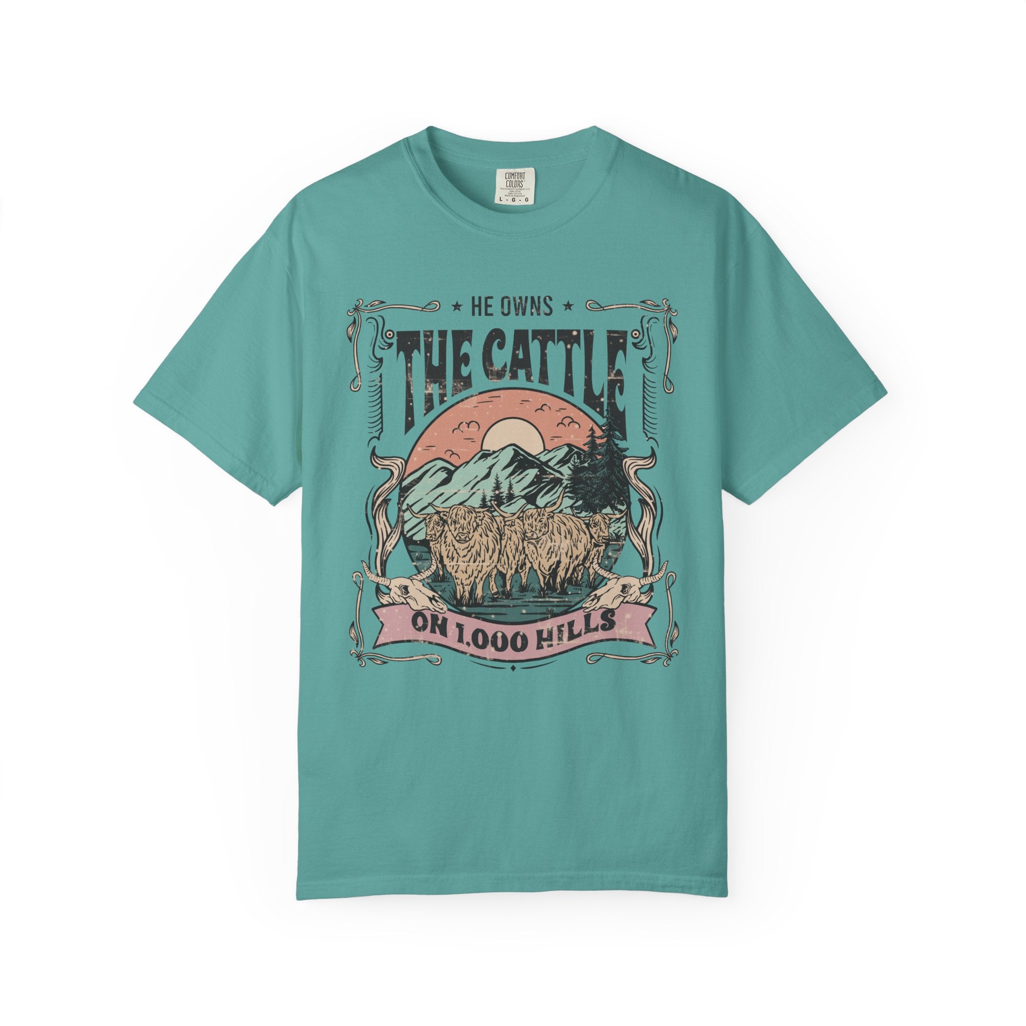 He Owns the Cattle on 1,000 Hills | Christian Highland Cow Comfort Colors T-Shirt
