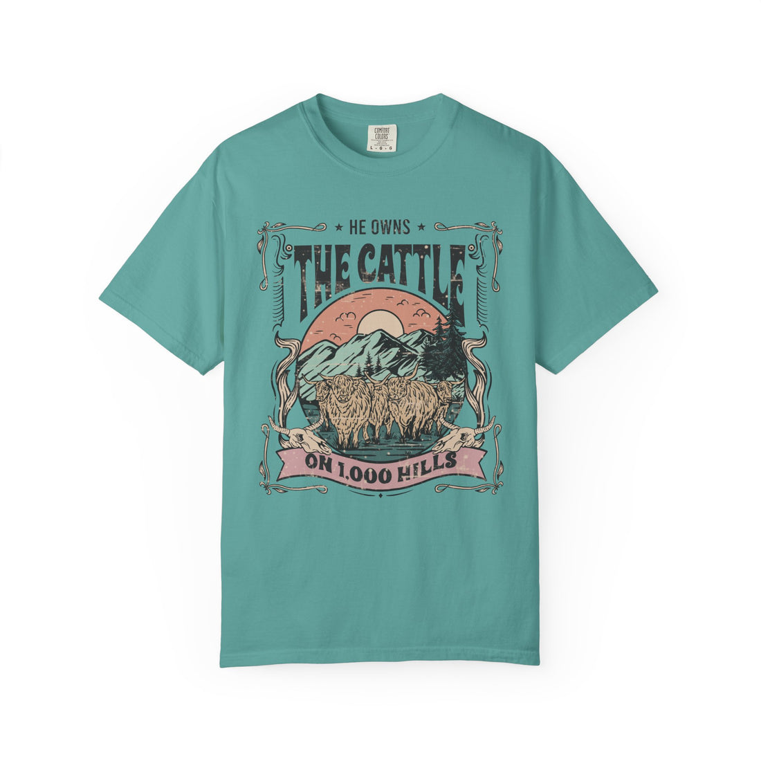 He Owns the Cattle on 1,000 Hills | Christian Highland Cow Comfort Colors T-Shirt
