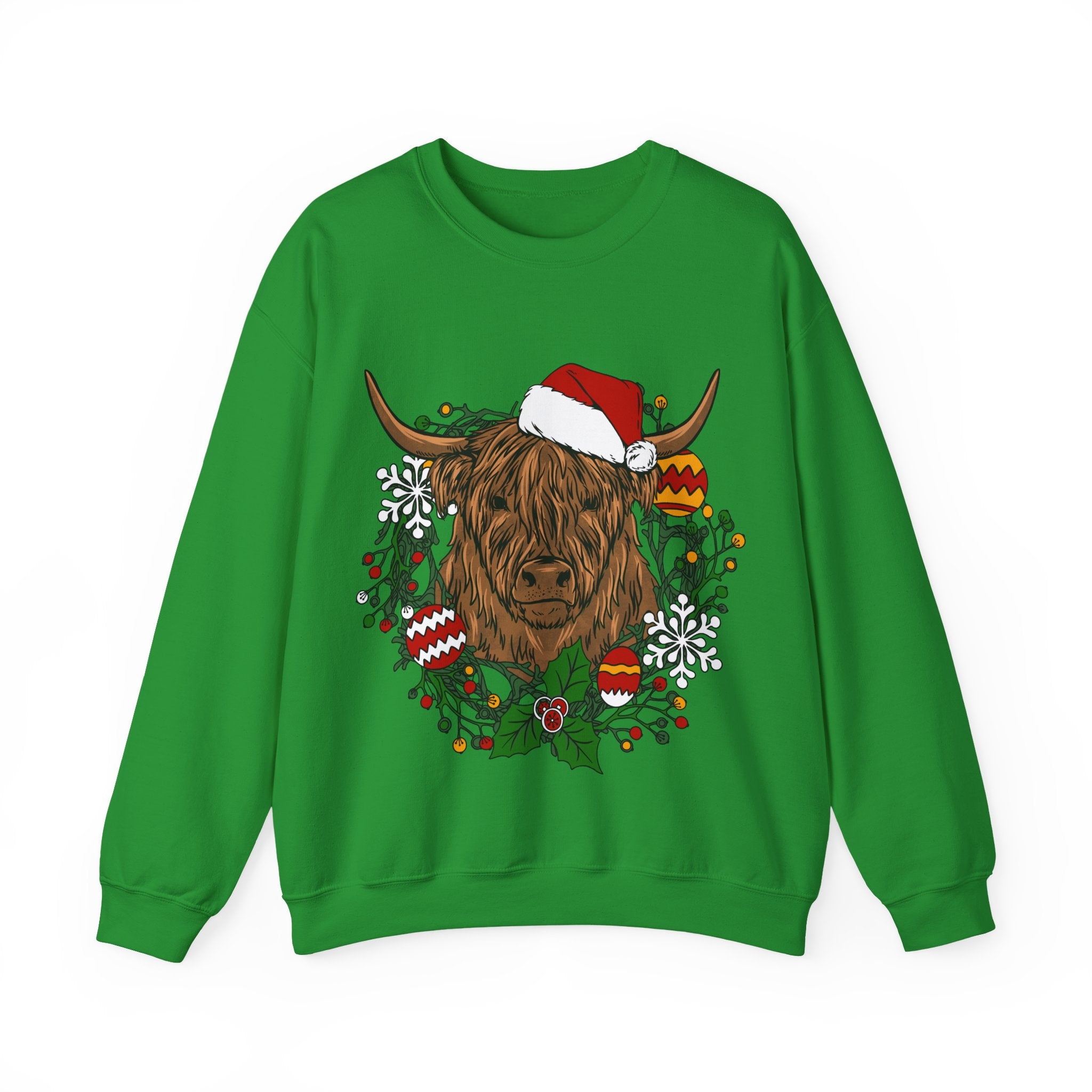 Shaggy Highland cow wearing a Santa hat framed by a holly and ornament Christmas wreath, alternate view