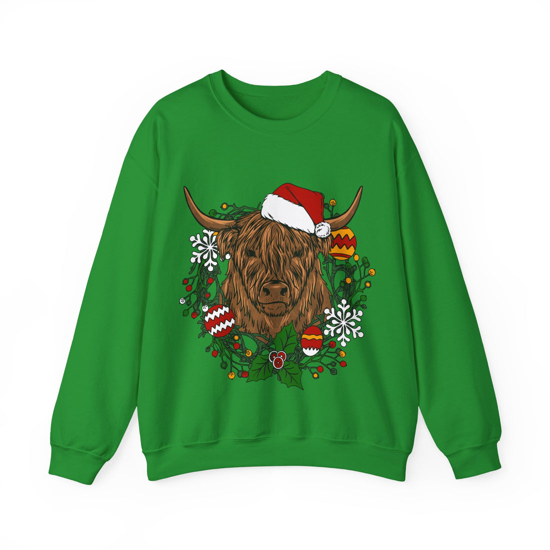 Shaggy Highland cow wearing a Santa hat framed by a holly and ornament Christmas wreath, alternate view
