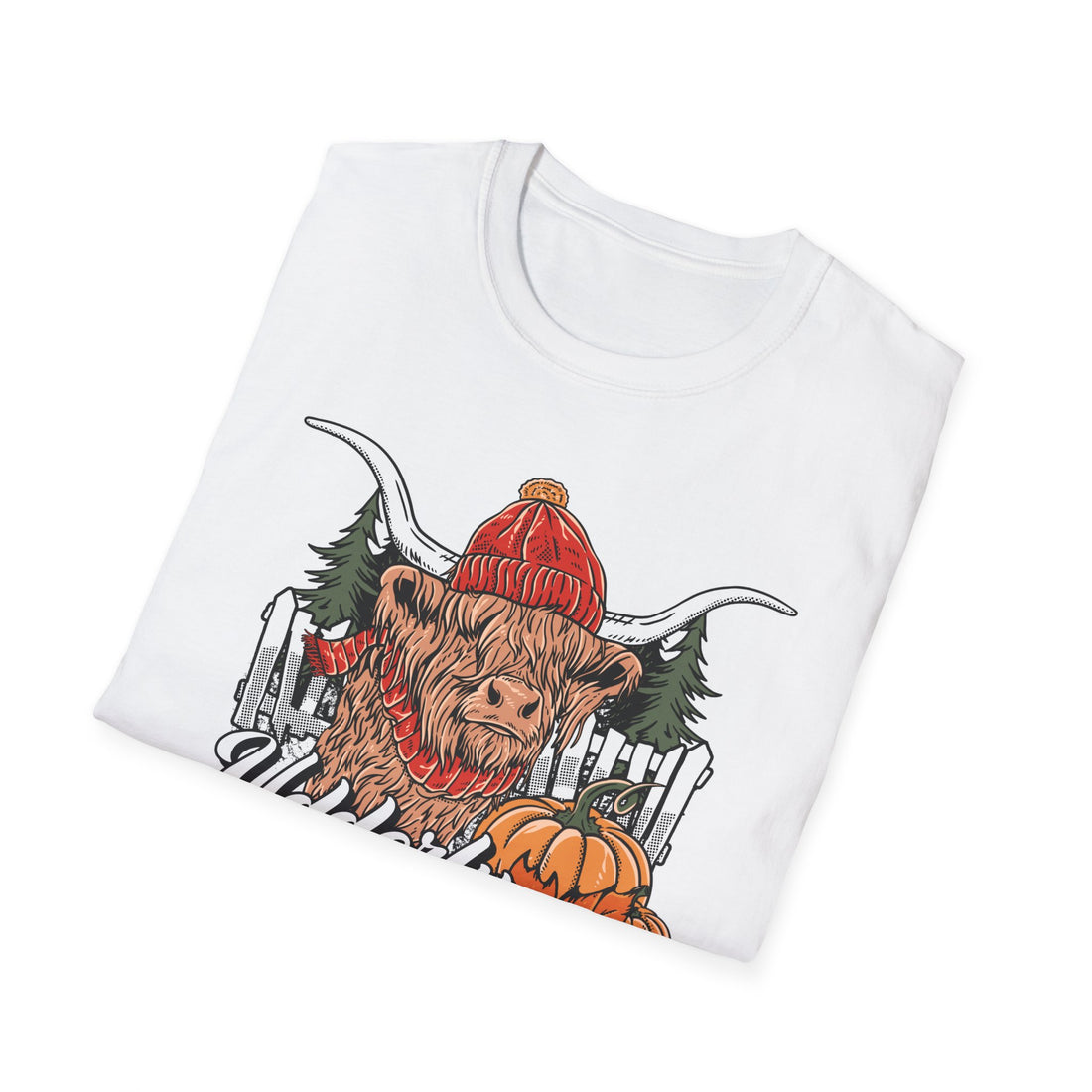 Highland cow wearing a red knit beanie and scarf with pumpkins, pine trees and a fence, Udderly Crazy for Fall lettering, detail