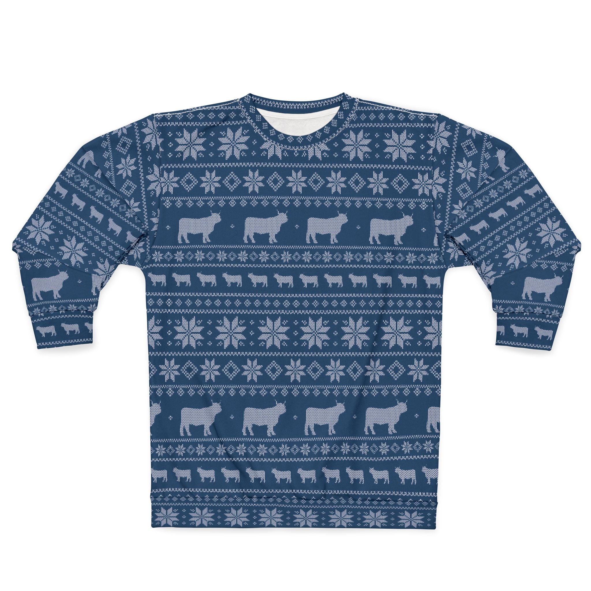 All-over navy blue Fair Isle knit-look pattern with rows of Highland cows and snowflakes, alternate view