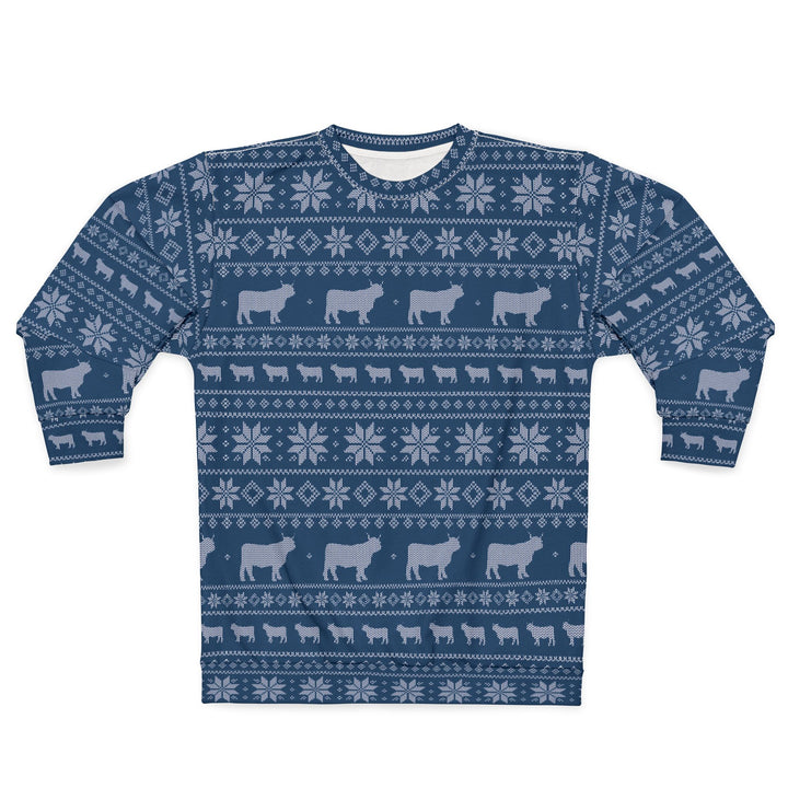 All-over navy blue Fair Isle knit-look pattern with rows of Highland cows and snowflakes, alternate view