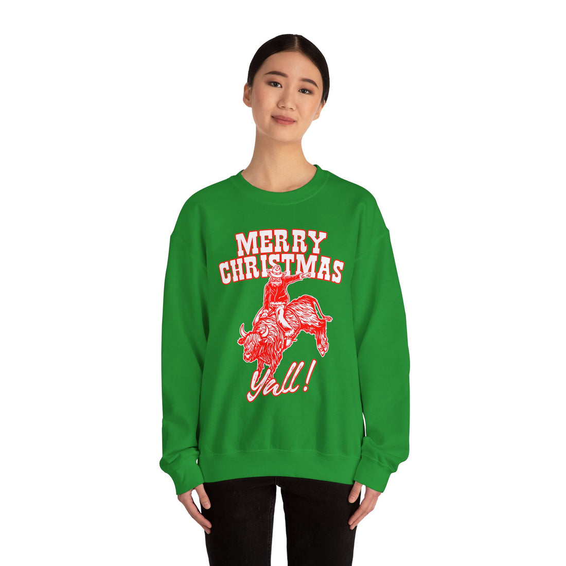 Red vintage-style art of Santa riding a bucking bull with Merry Christmas Y'all! lettering, color option