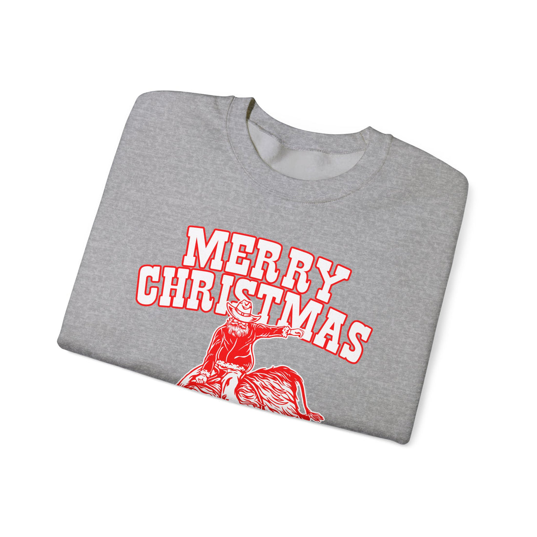 Red vintage-style art of Santa riding a bucking bull with Merry Christmas Y'all! lettering, alternate view