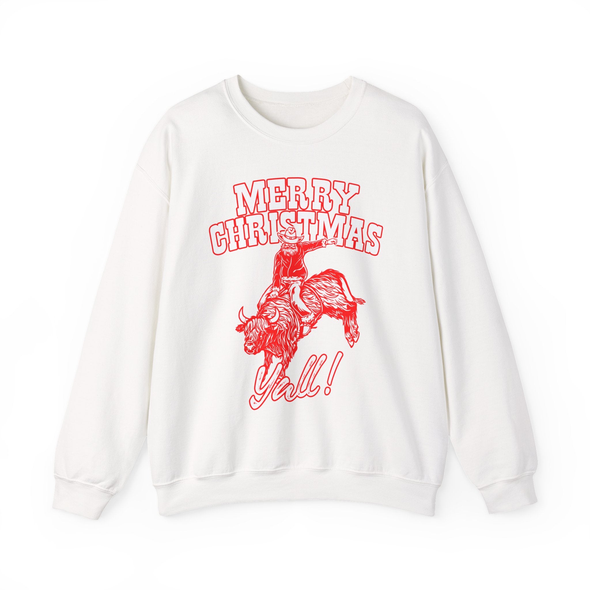Red vintage-style art of Santa riding a bucking bull with Merry Christmas Y'all! lettering