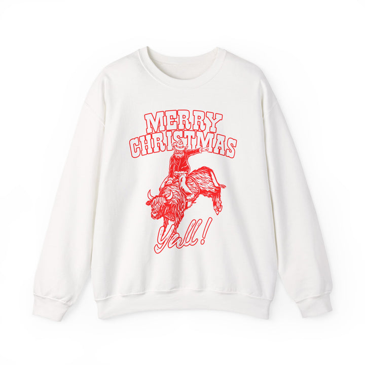 Red vintage-style art of Santa riding a bucking bull with Merry Christmas Y'all! lettering