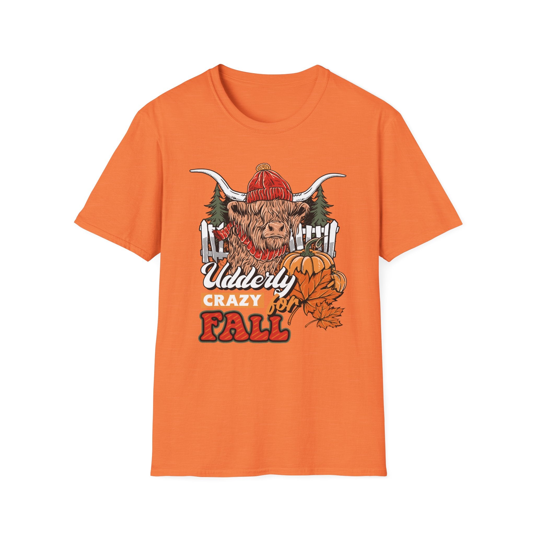 Highland cow wearing a red knit beanie and scarf with pumpkins, pine trees and a fence, Udderly Crazy for Fall lettering, alternate view