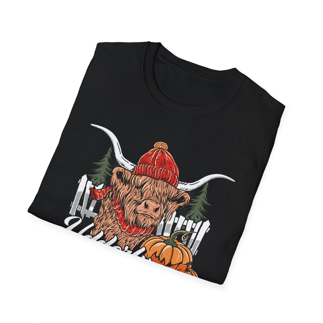 Highland cow wearing a red knit beanie and scarf with pumpkins, pine trees and a fence, Udderly Crazy for Fall lettering, detail