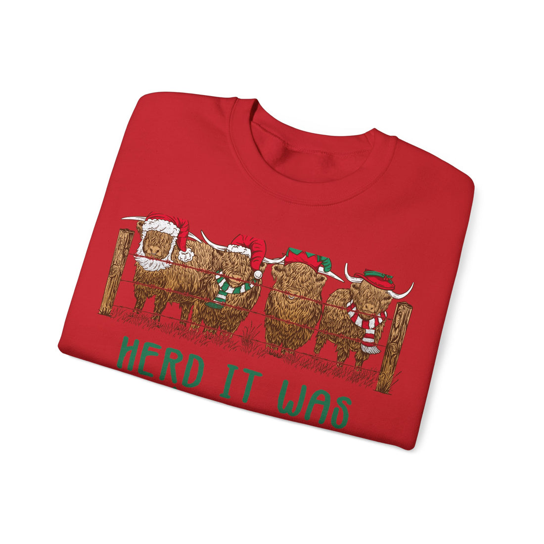 Four Highland cows lined up behind a wooden fence wearing Santa and elf hats with Herd It Was Christmas lettering in green and red, alternate view