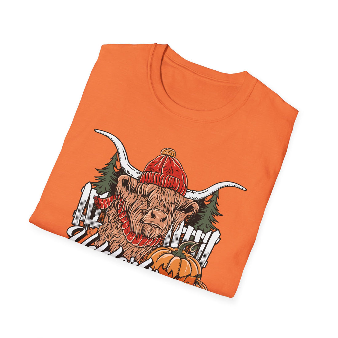 Highland cow wearing a red knit beanie and scarf with pumpkins, pine trees and a fence, Udderly Crazy for Fall lettering, detail
