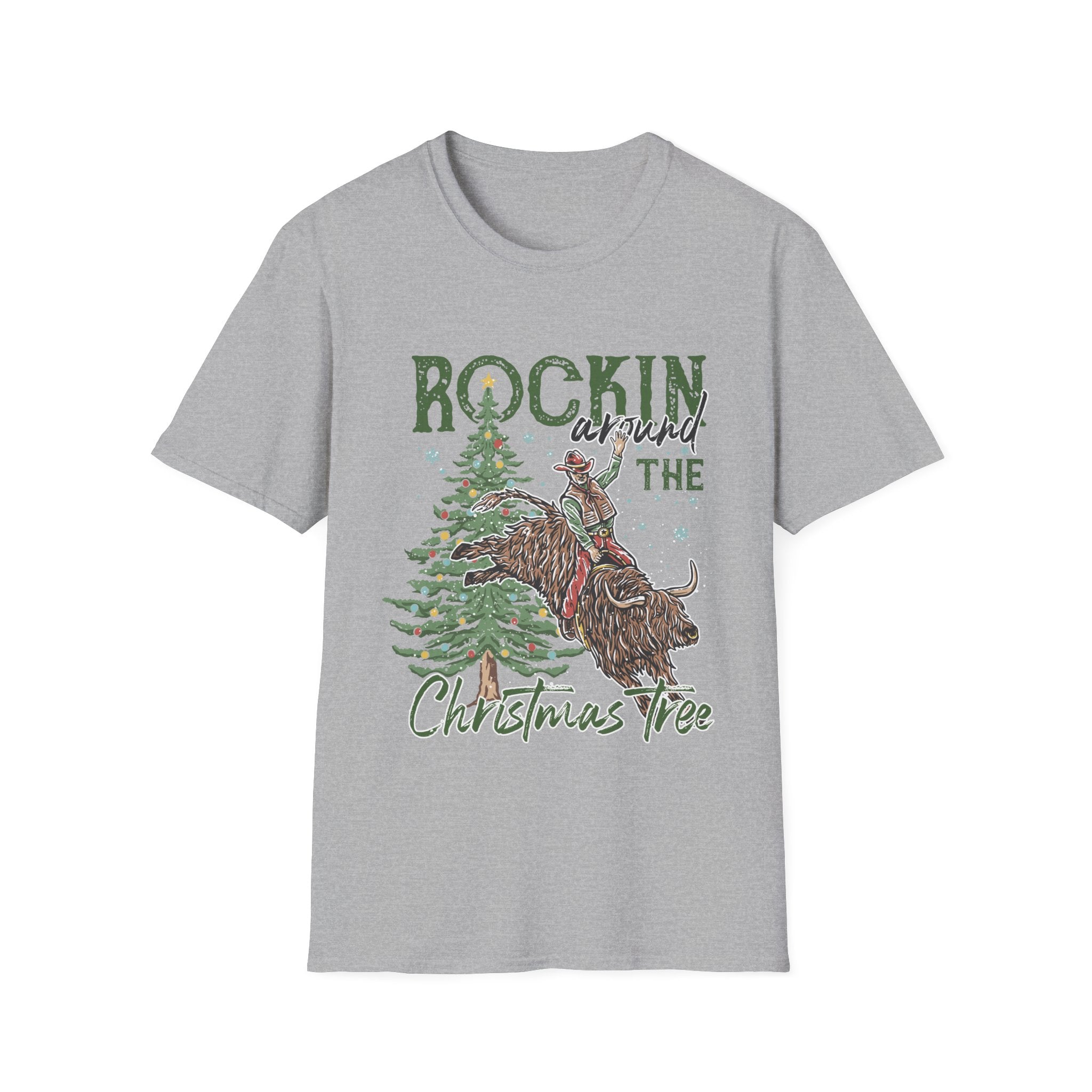 Cowboy riding a bucking bull next to a decorated Christmas tree with vintage red Rockin' Around the Christmas Tree lettering, alternate view