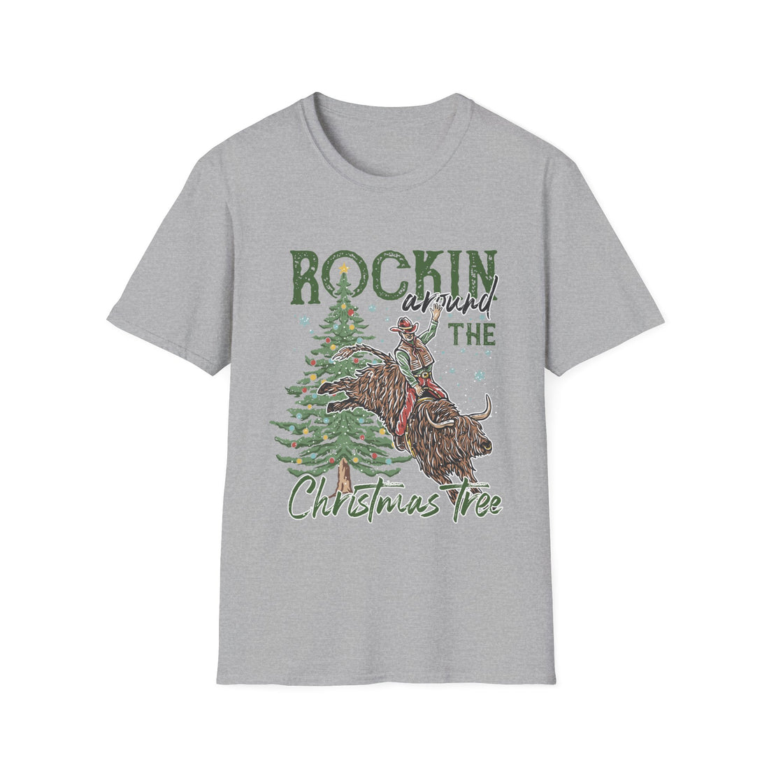 Cowboy riding a bucking bull next to a decorated Christmas tree with vintage red Rockin' Around the Christmas Tree lettering, alternate view