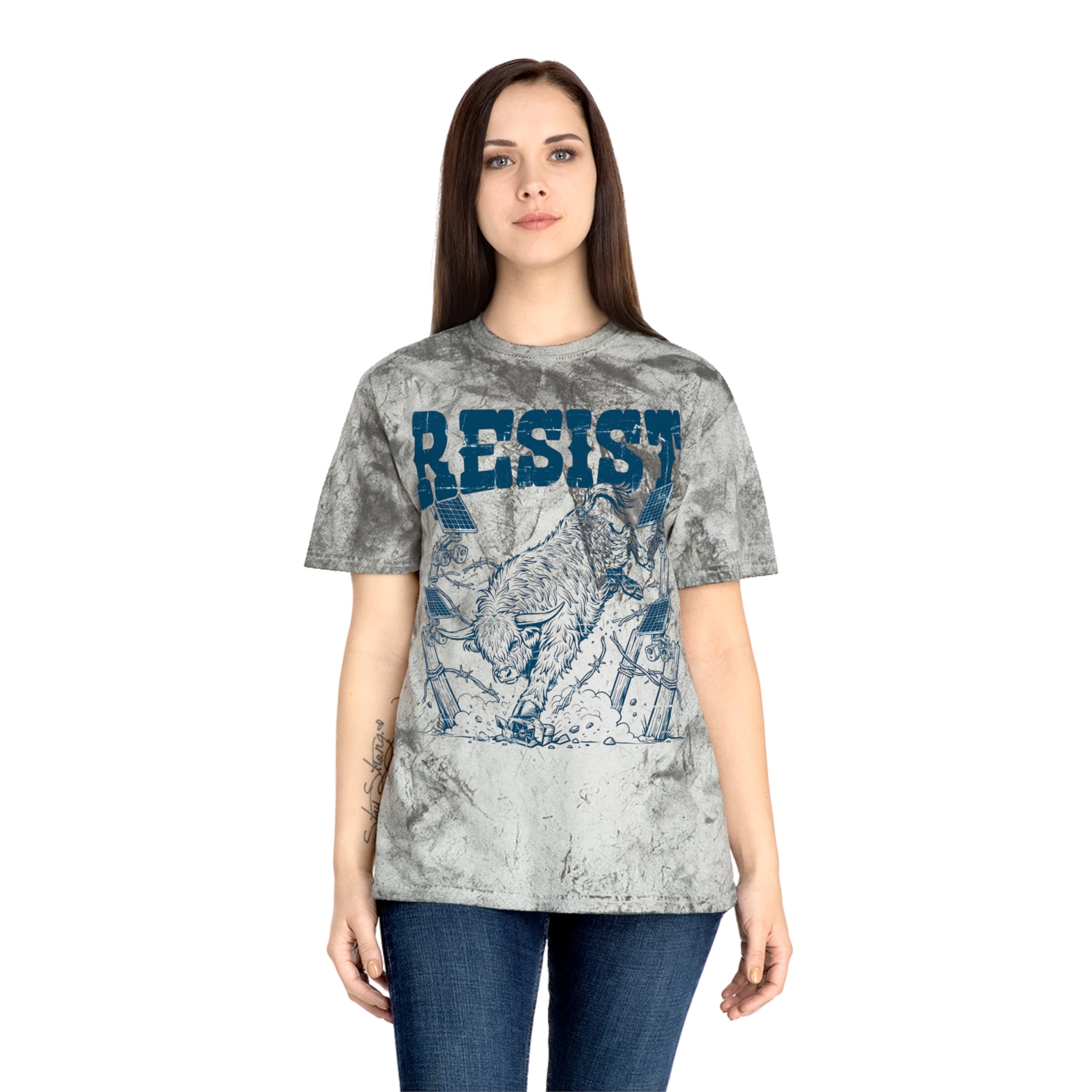 Resist punk Highland cow Color Blast T-shirt, detail