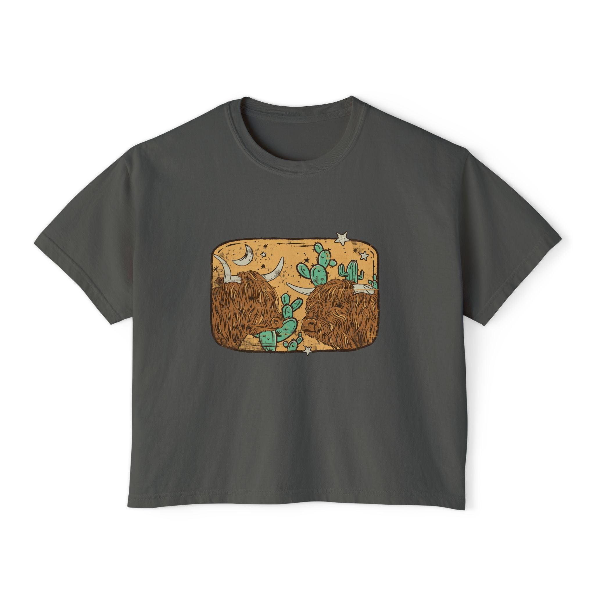 Desert Highlands | Women’s Boxy Western Highland Cow T-Shirt