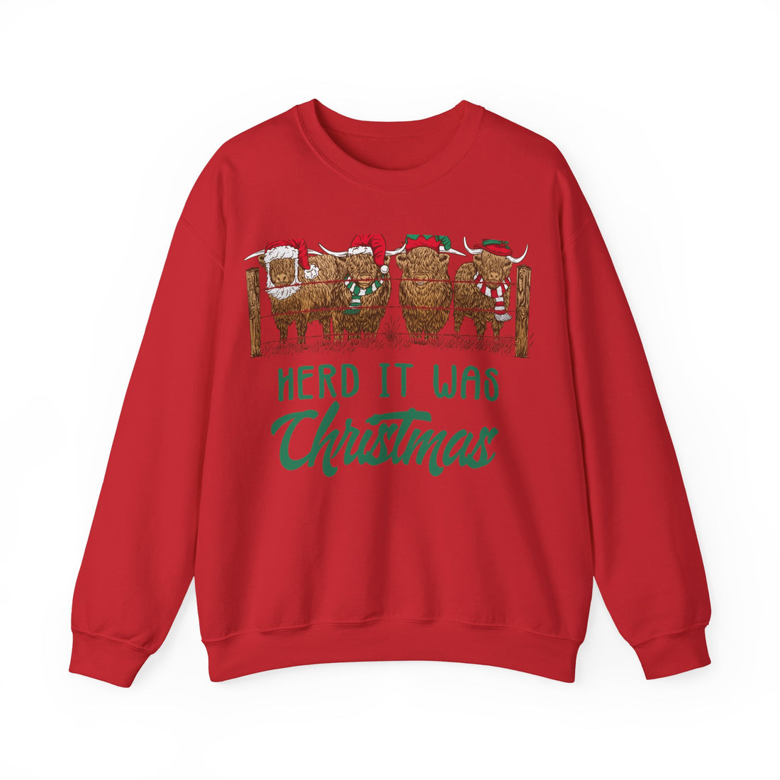 Four Highland cows lined up behind a wooden fence wearing Santa and elf hats with Herd It Was Christmas lettering in green and red, color option
