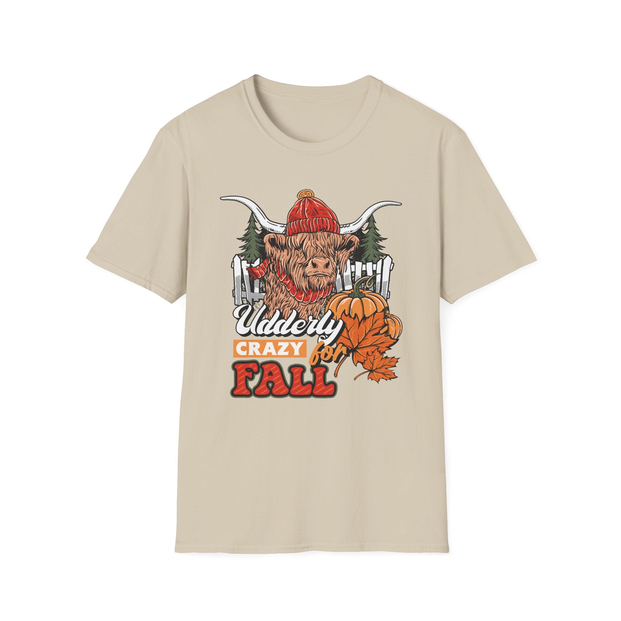 Highland cow wearing a red knit beanie and scarf with pumpkins, pine trees and a fence, Udderly Crazy for Fall lettering, detail
