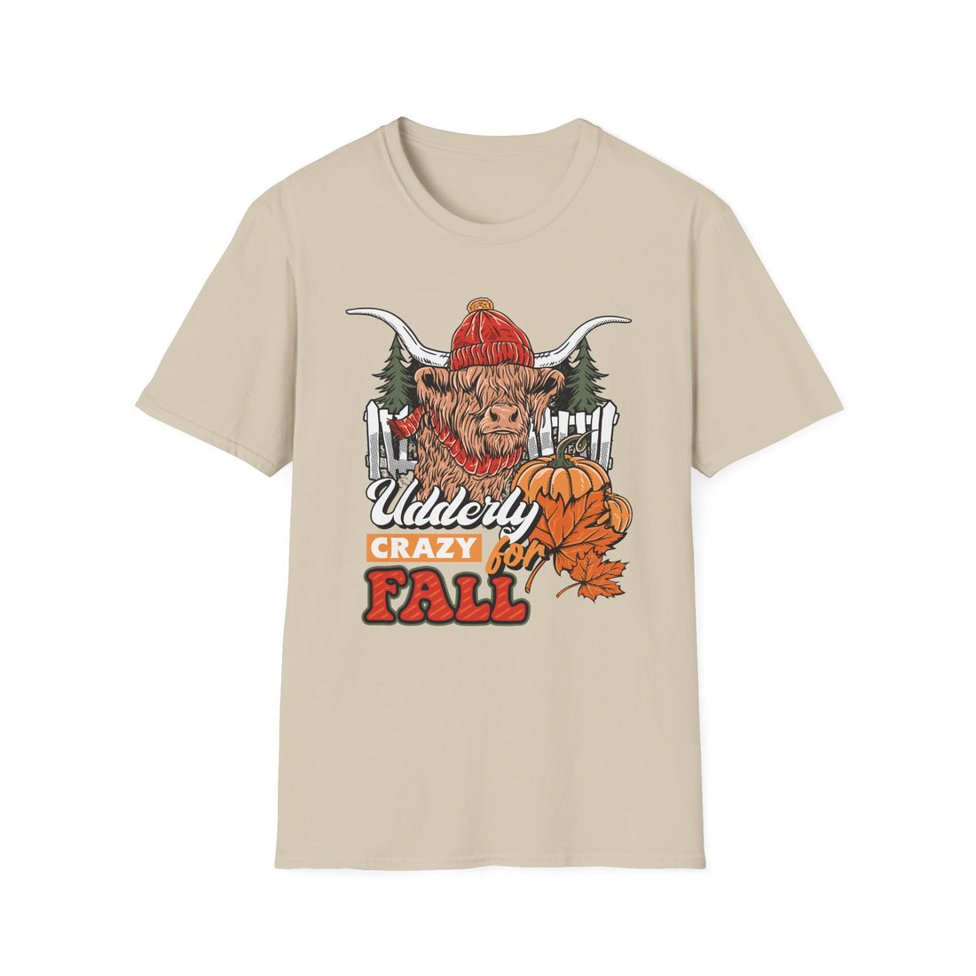 Highland cow wearing a red knit beanie and scarf with pumpkins, pine trees and a fence, Udderly Crazy for Fall lettering, detail