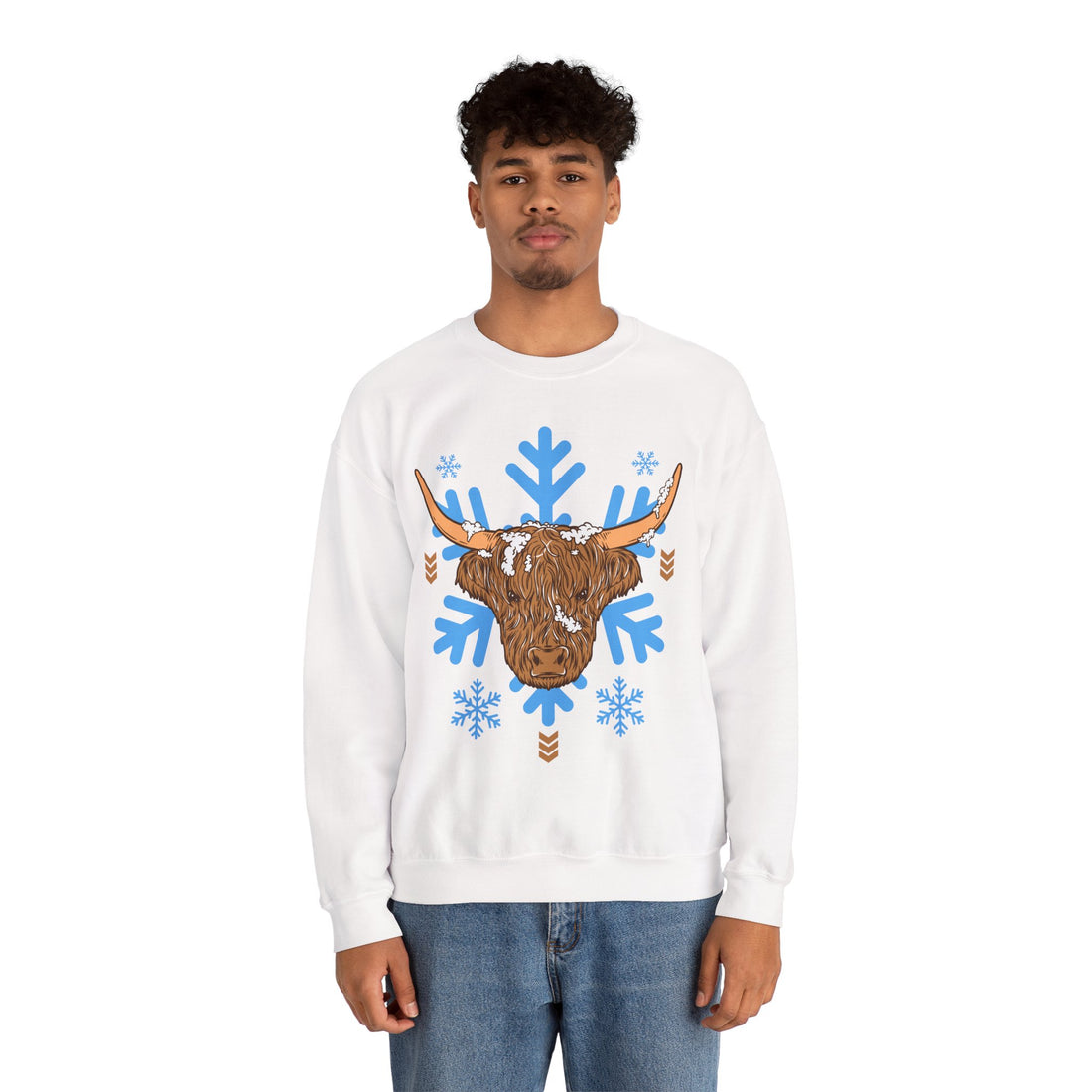 Shaggy brown Highland cow head centered over large light-blue snowflakes, alternate view
