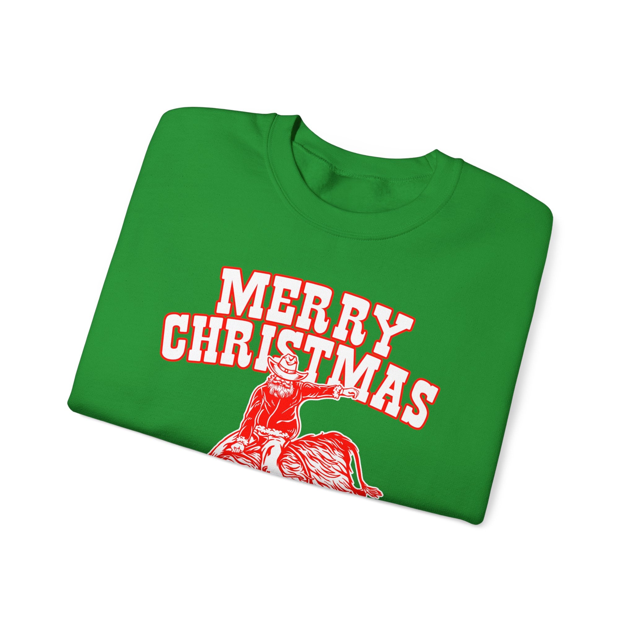 Red vintage-style art of Santa riding a bucking bull with Merry Christmas Y'all! lettering, alternate view