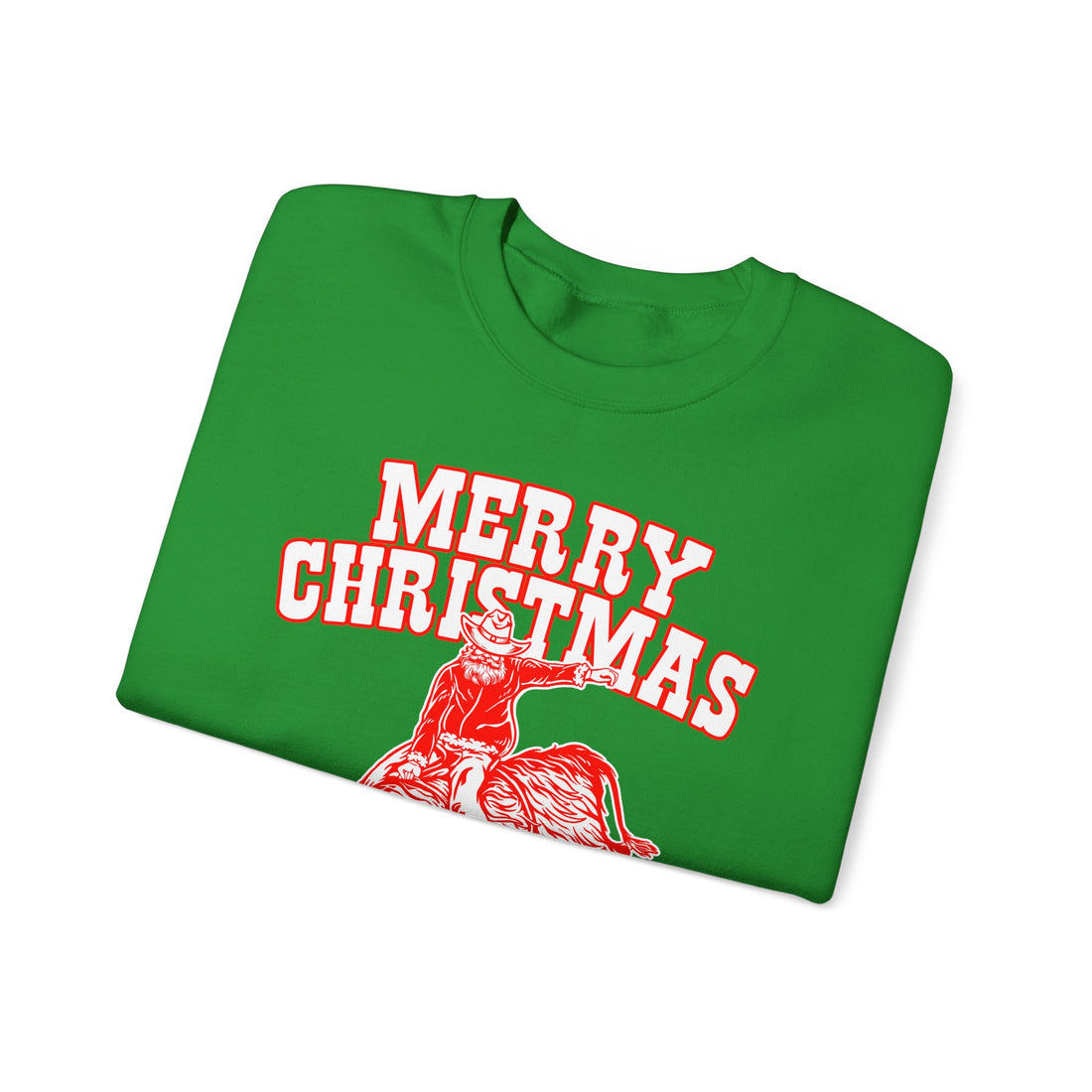 Red vintage-style art of Santa riding a bucking bull with Merry Christmas Y'all! lettering, alternate view