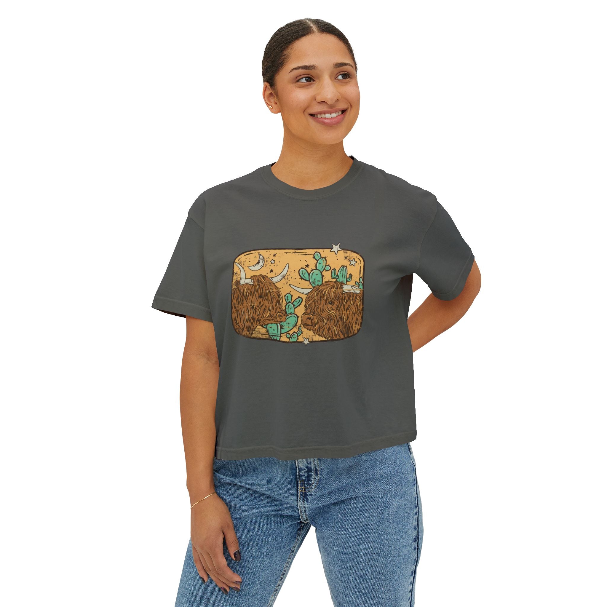 Desert Highlands | Women’s Boxy Western Highland Cow T-Shirt