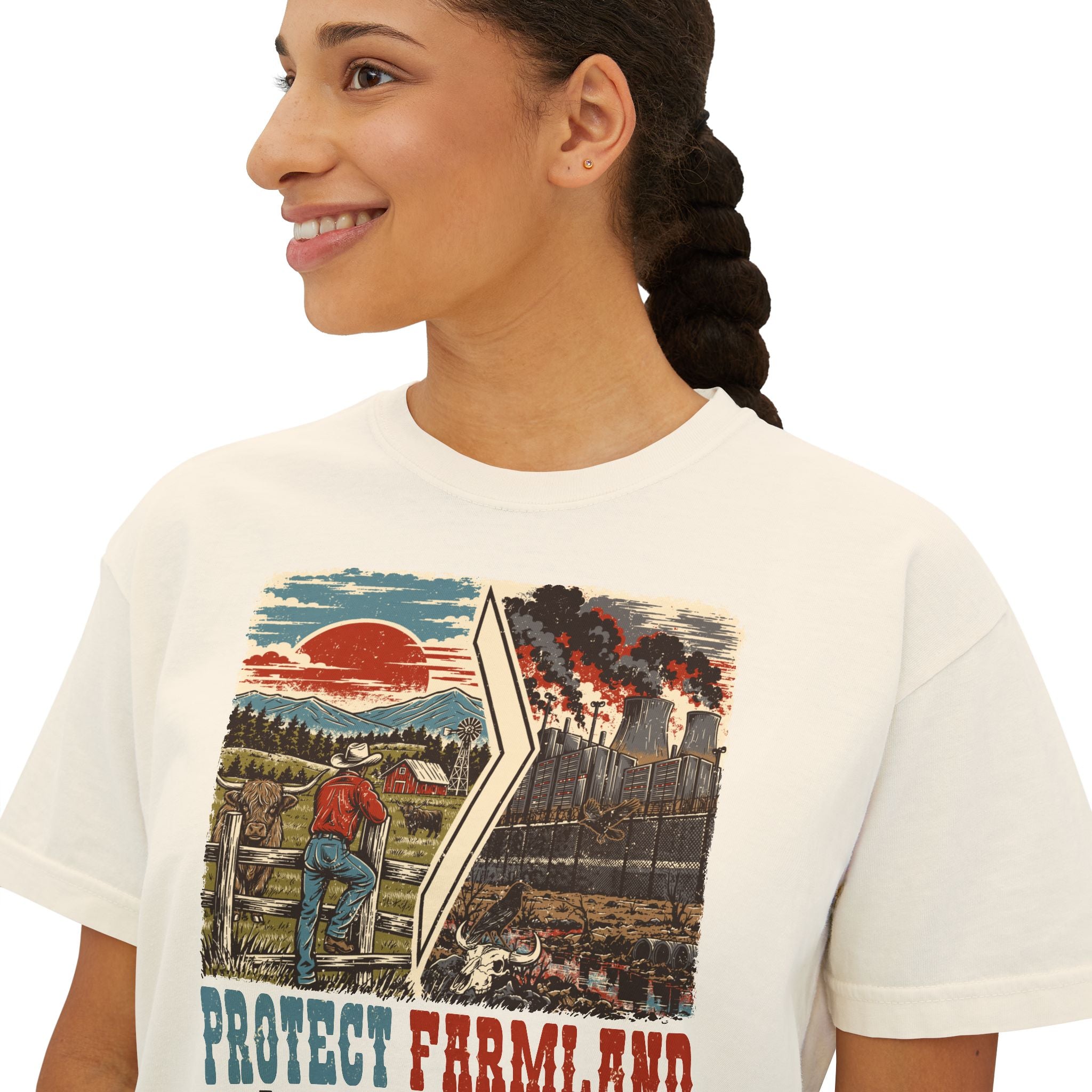 Protect Farmland Highland cow women's boxy T-shirt, detail