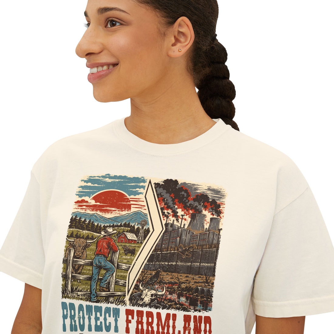 Protect Farmland Highland cow women's boxy T-shirt, detail