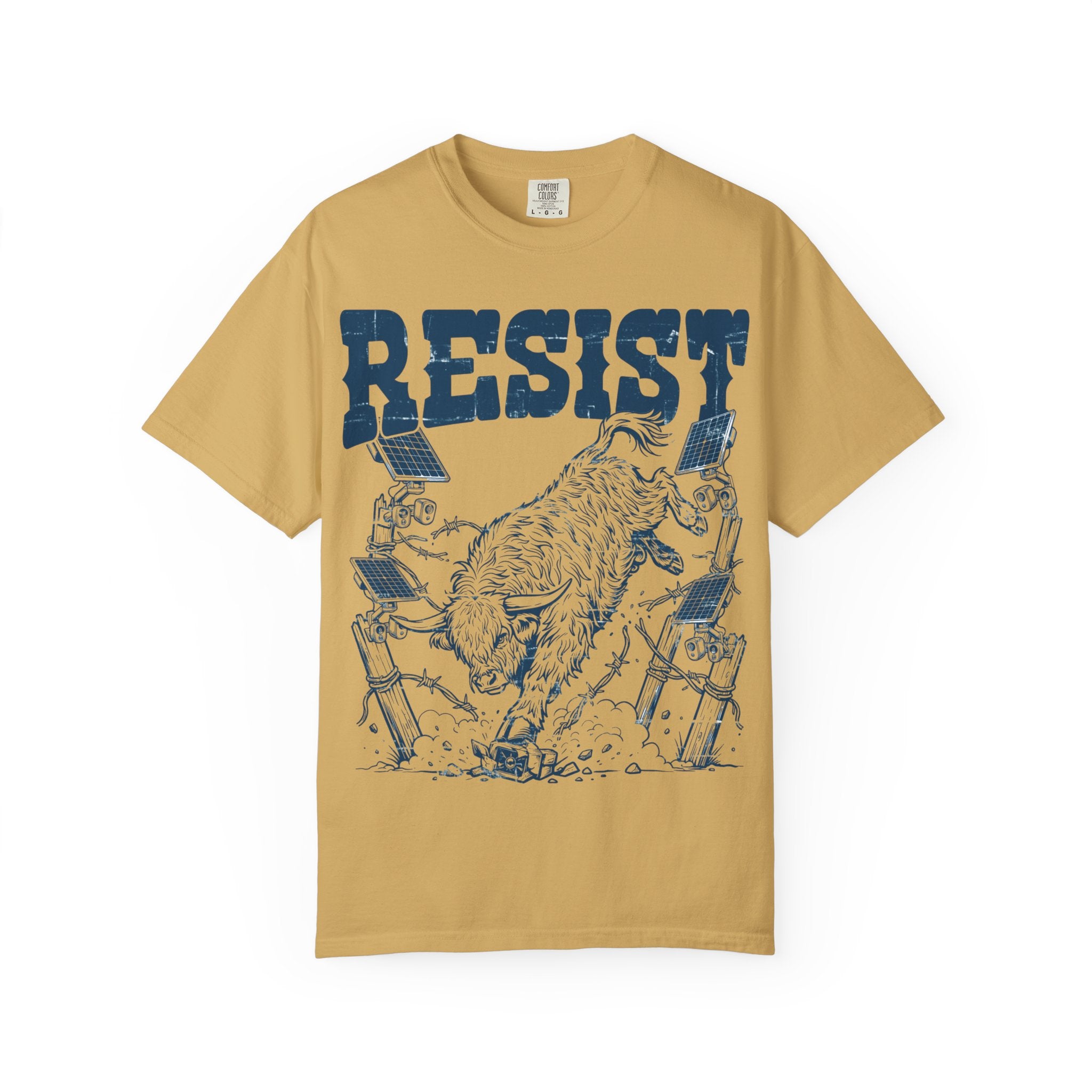Resist the Surveillance State Western Highland cow T-shirt, detail