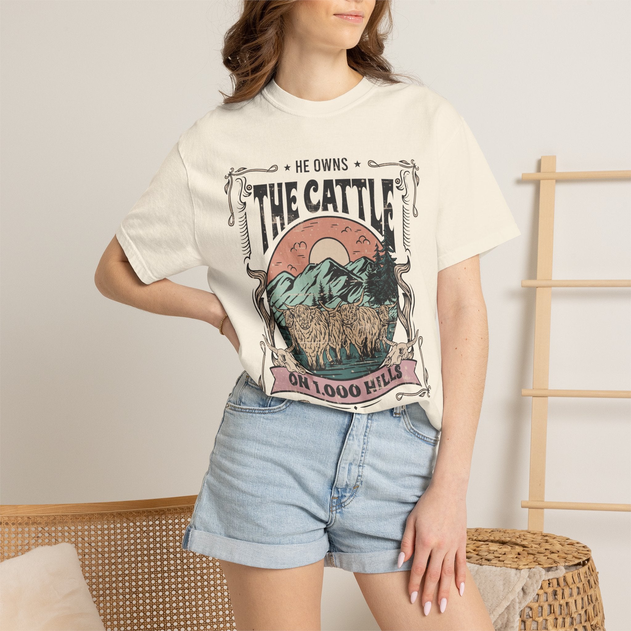 He Owns the Cattle on 1,000 Hills | Christian Highland Cow Comfort Colors T-Shirt