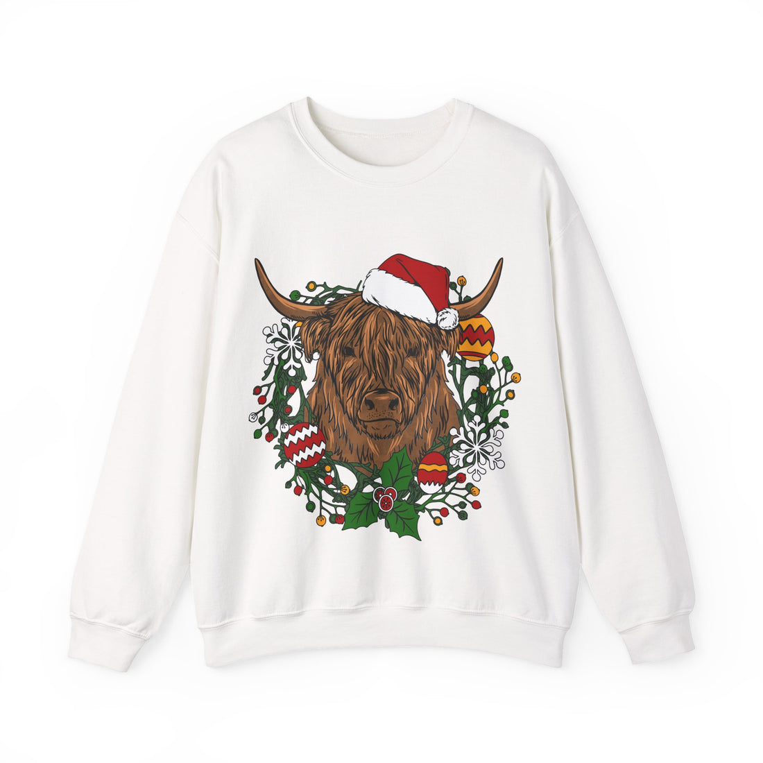 Shaggy Highland cow wearing a Santa hat framed by a holly and ornament Christmas wreath
