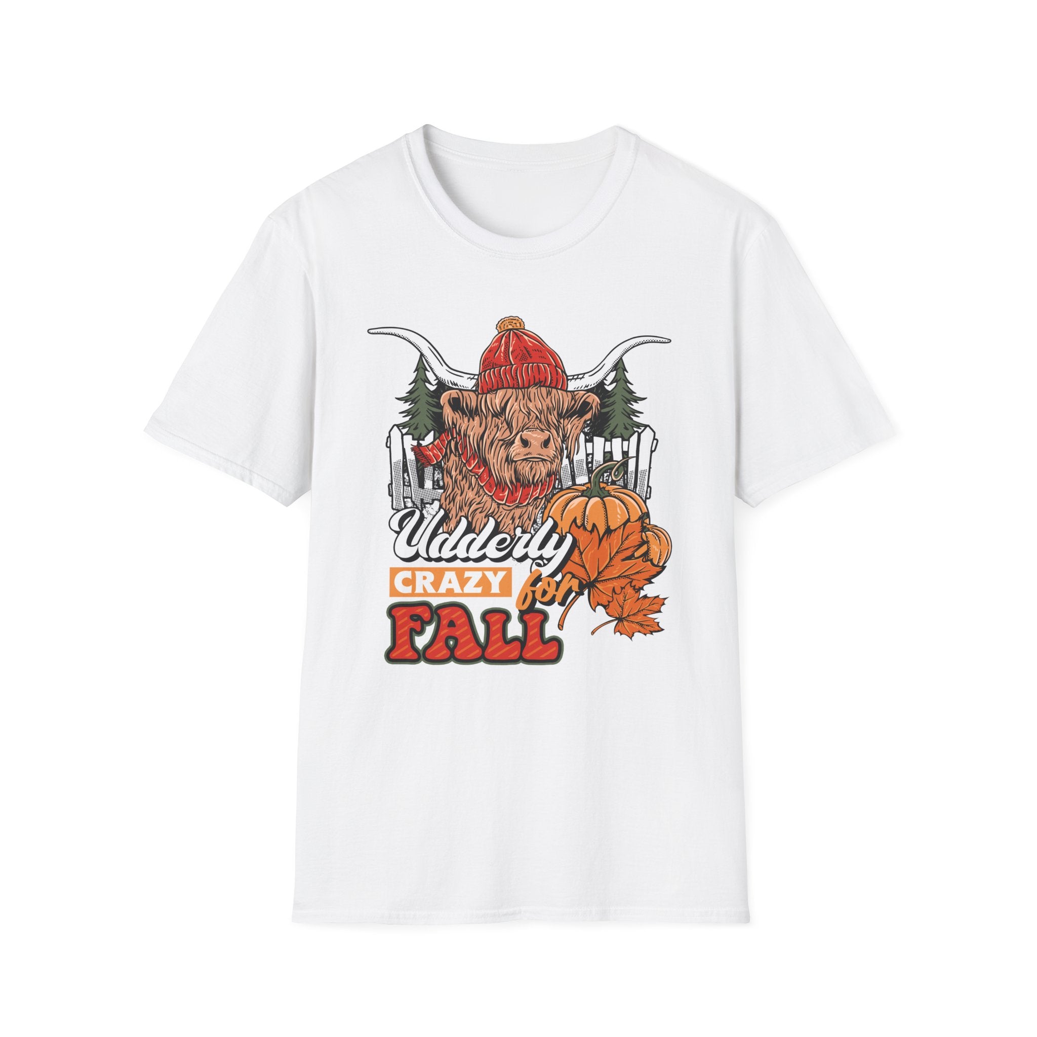 Highland cow wearing a red knit beanie and scarf with pumpkins, pine trees and a fence, Udderly Crazy for Fall lettering