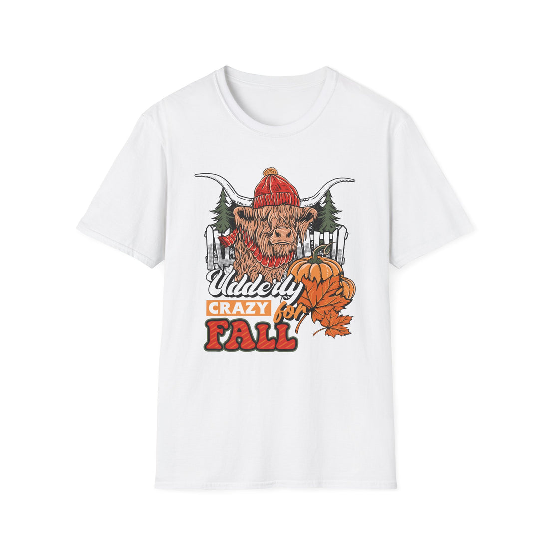 Highland cow wearing a red knit beanie and scarf with pumpkins, pine trees and a fence, Udderly Crazy for Fall lettering
