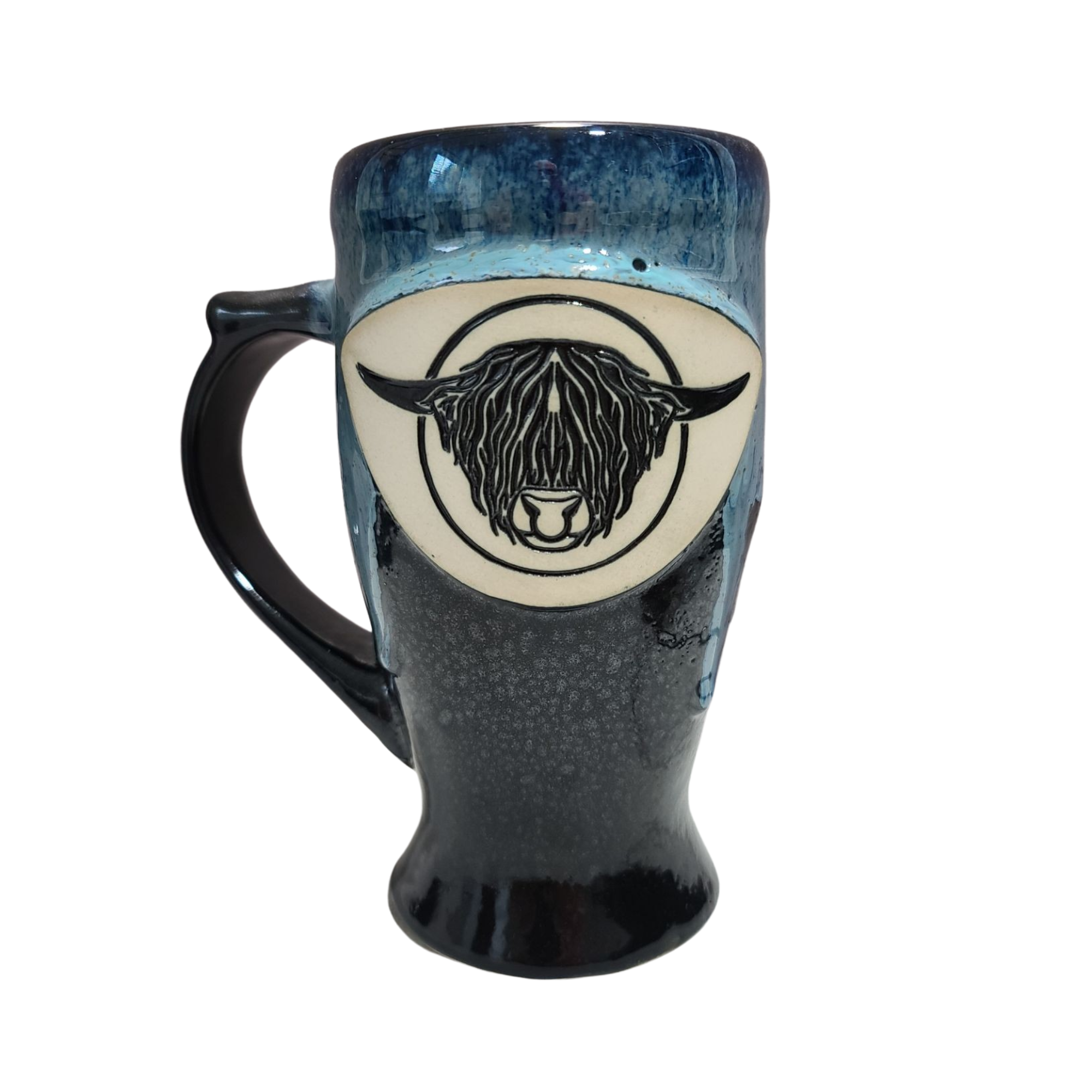 Tall handmade pottery mug with Highland bull head