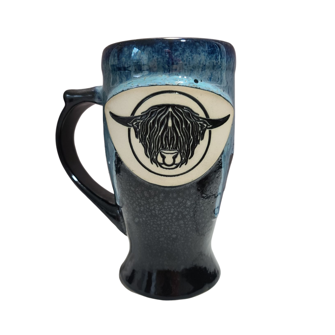 Tall handmade pottery mug with Highland bull head