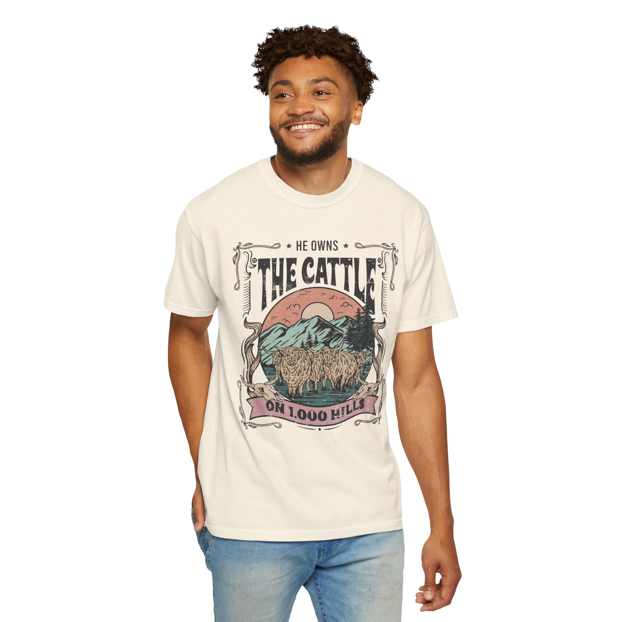 He Owns the Cattle on 1,000 Hills | Christian Highland Cow Comfort Colors T-Shirt