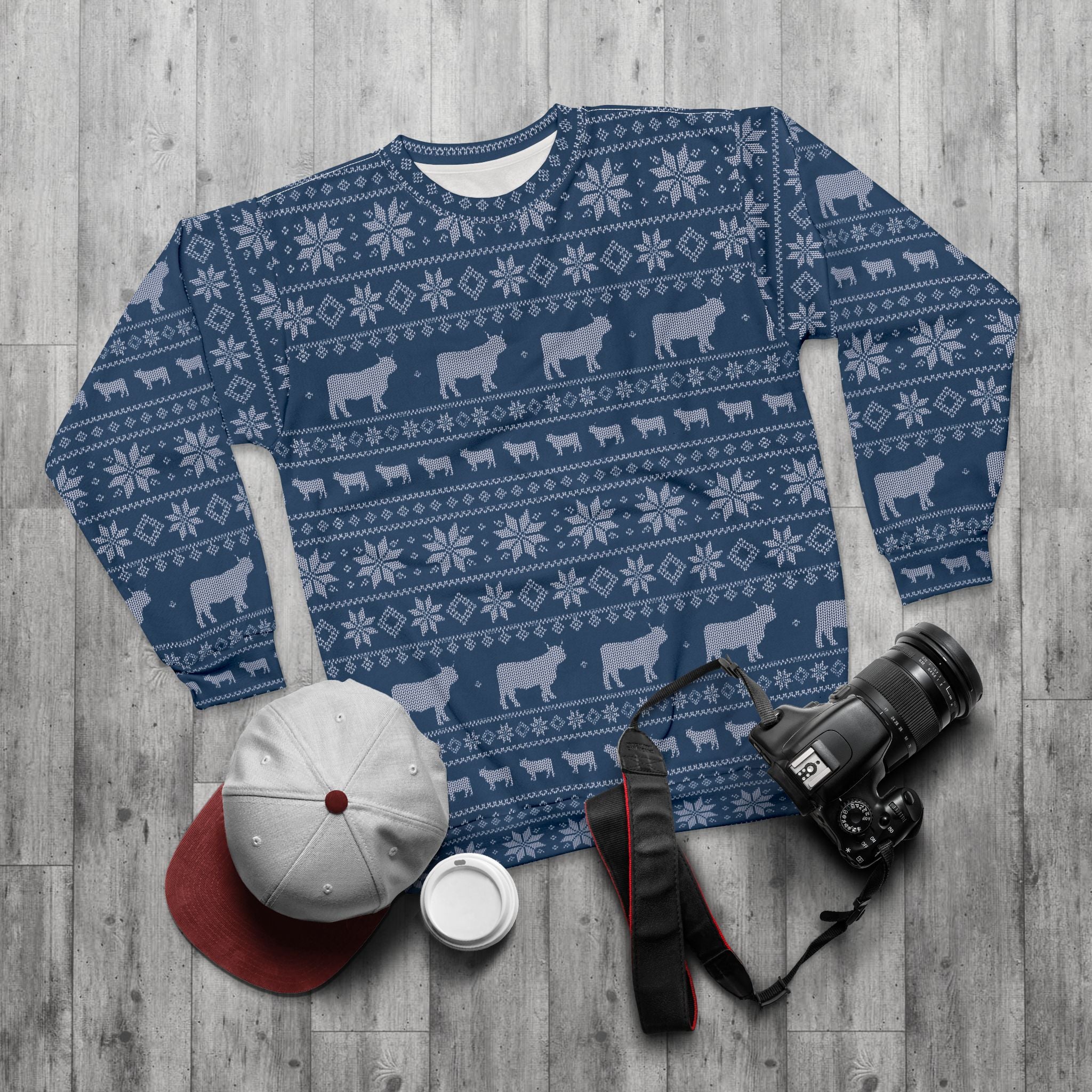 All-over navy blue Fair Isle knit-look pattern with rows of Highland cows and snowflakes
