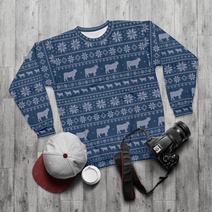 All-over navy blue Fair Isle knit-look pattern with rows of Highland cows and snowflakes